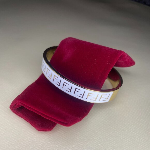 Chic White & Gold Logo Print Bangle Bracelet - Picture 3 of 4